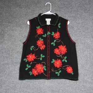 White Stag Womens XL Christmas Holiday Poinsettia Floral Knit‎ Sweater Vest